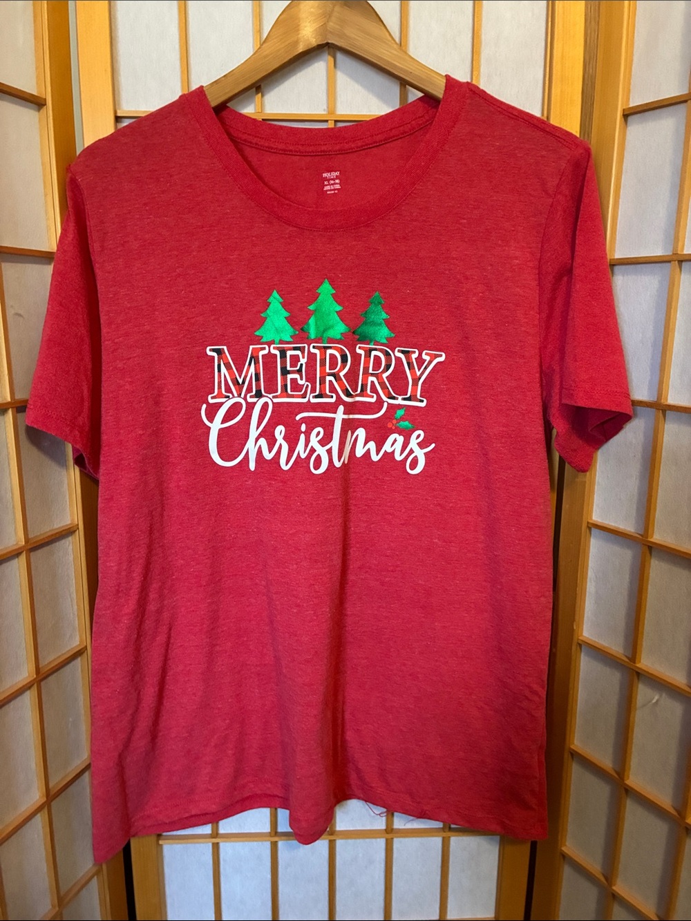Holiday Time Red Merry Christmas Tee with Green Tree Accents